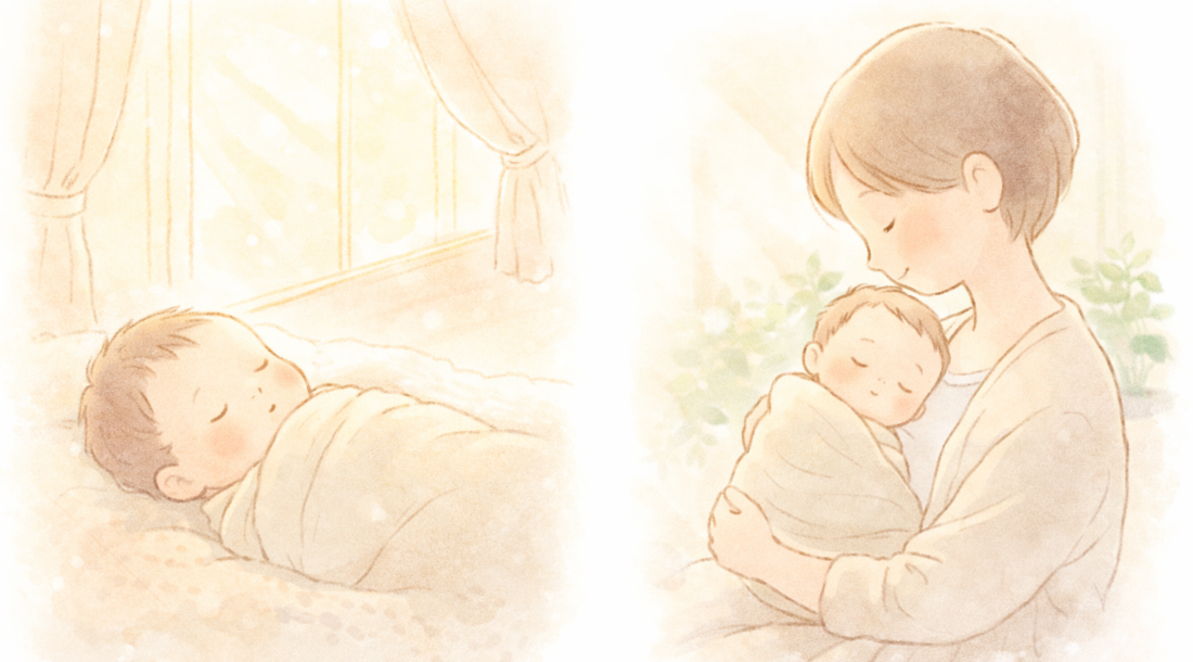 やわらかな自然光の中で赤ちゃんと過ごす静かな時間のイメージ