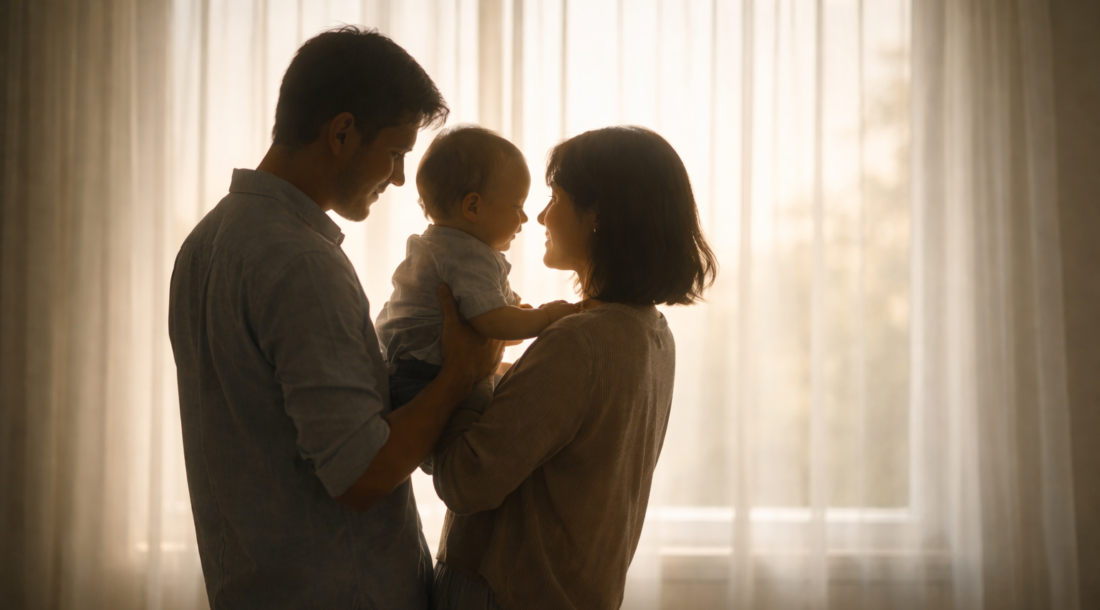 自然光の中で落ち着いた時間を過ごす家族のイメージ